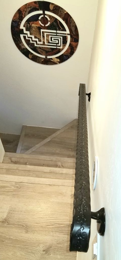Hand Forged Hammered and Engraved Wrought Iron Handrail, Railing - Arc and Hammer